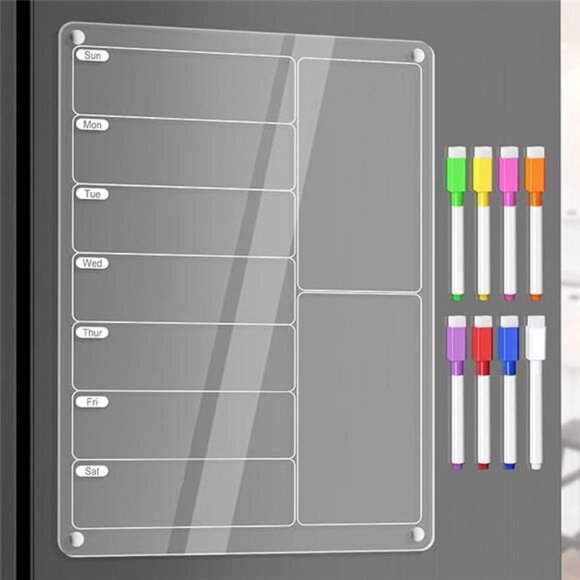 Acrylic Meal Planner Magnetic Menu Board for Kitchen Fridge w/Markers, Clear - Picture 7 of 7